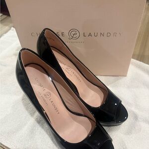 Chinese Laundry Glossy Black Peep Toe Heels